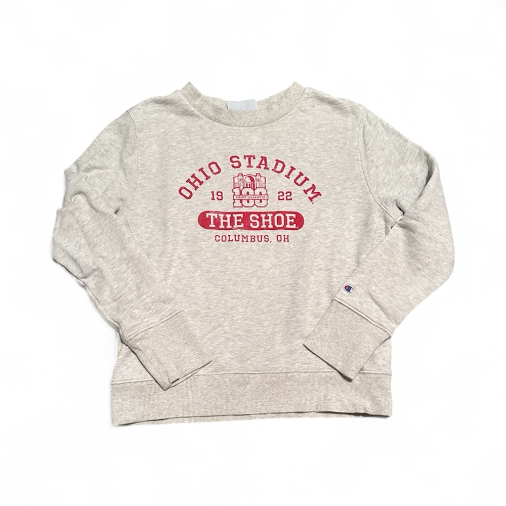 Champion Cream Heather Crewneck Sweatshirt with Red Ohio Stadium Graphic